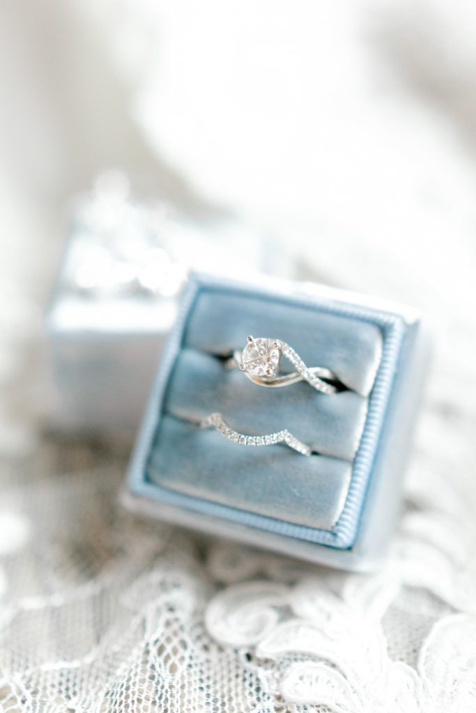 Bridal wedding ring in blue velvet box