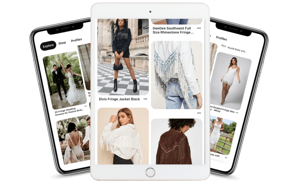 Phone and tablet with photos of fringe jackets and fringe wedding dresses