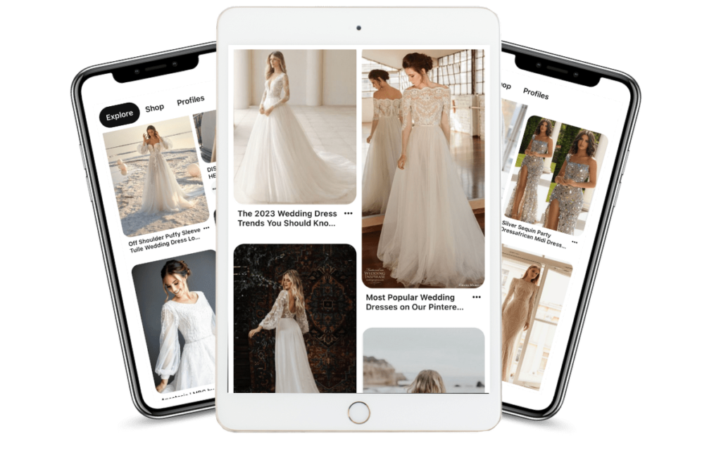 phone and tablet with wedding dress photos
